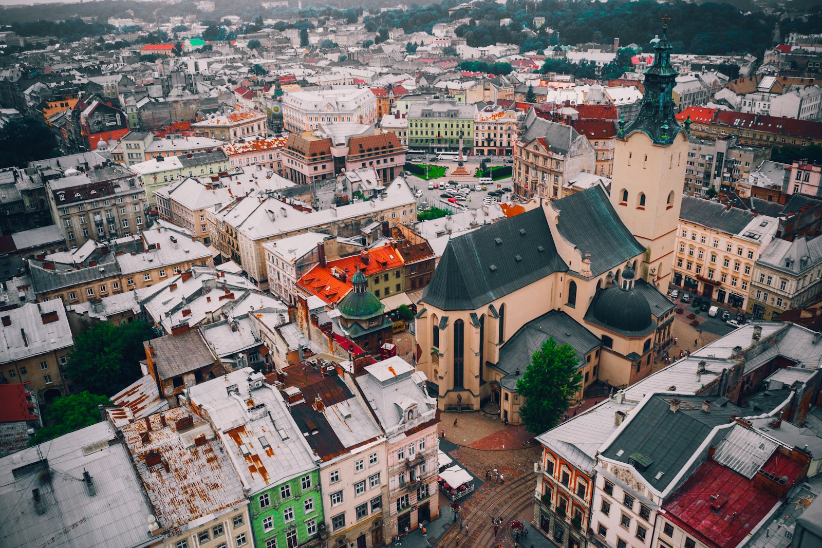 Aerial view over the rooftops and towers of Lviv's old town, Ukraine