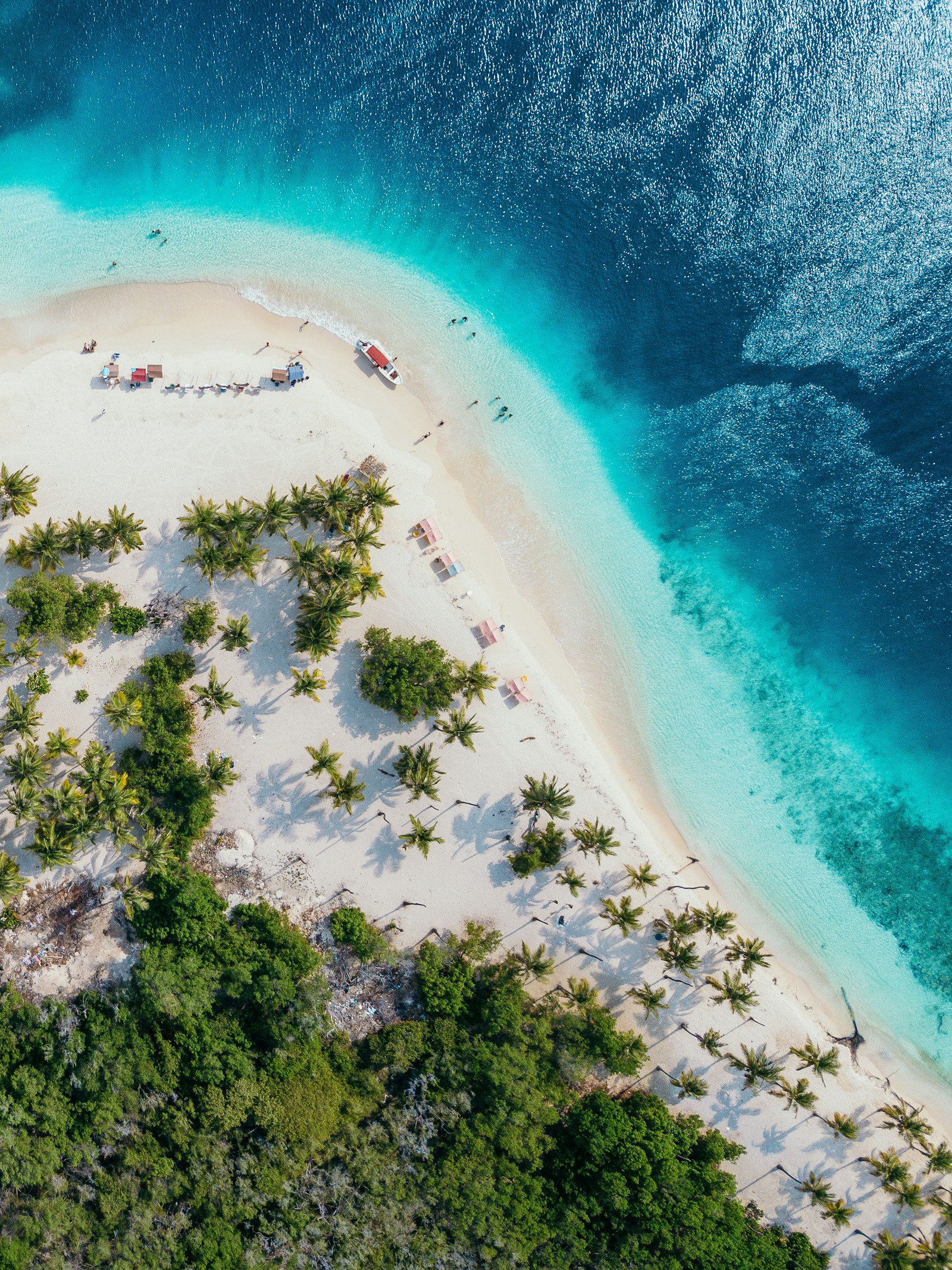 Aerial of the palm-fringed turquoise cay Cayo Sombrero, Morrocoy, Venezuela